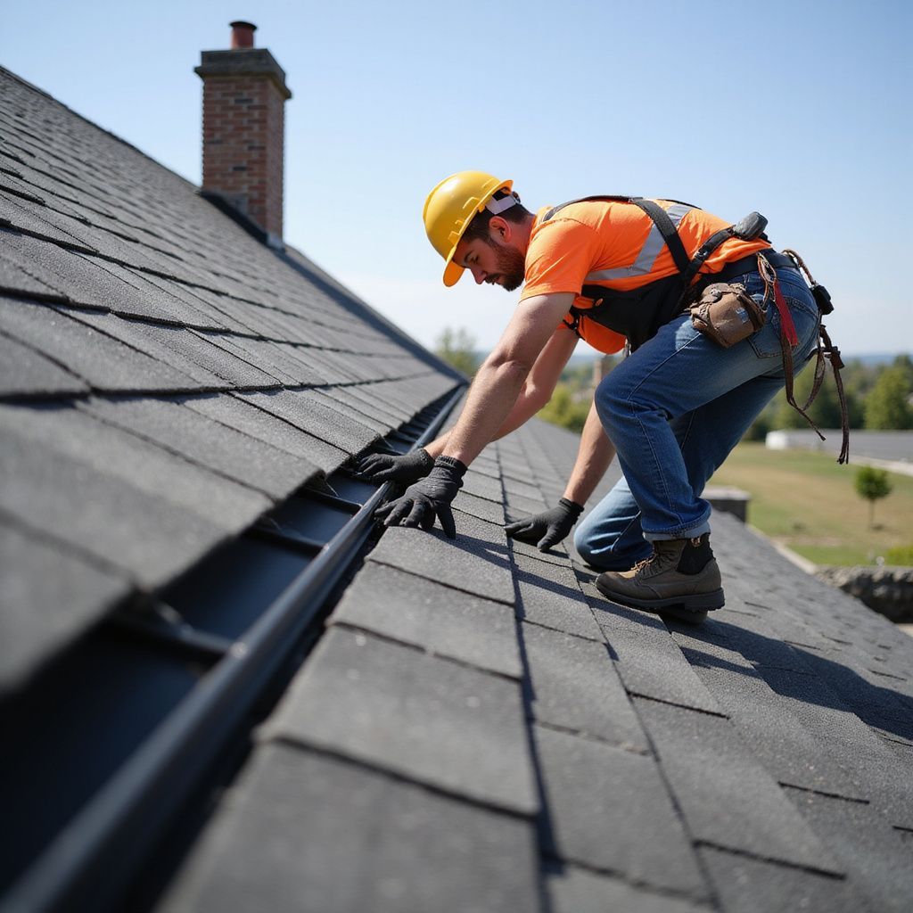 Roofer in safety gear, inspecting a roof's gutter on a sunny day.