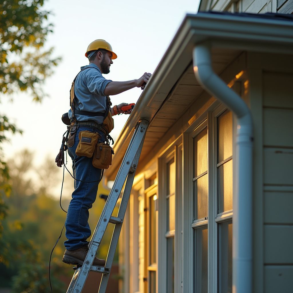 Construction worker on a ladder, installing a gutter on a house.