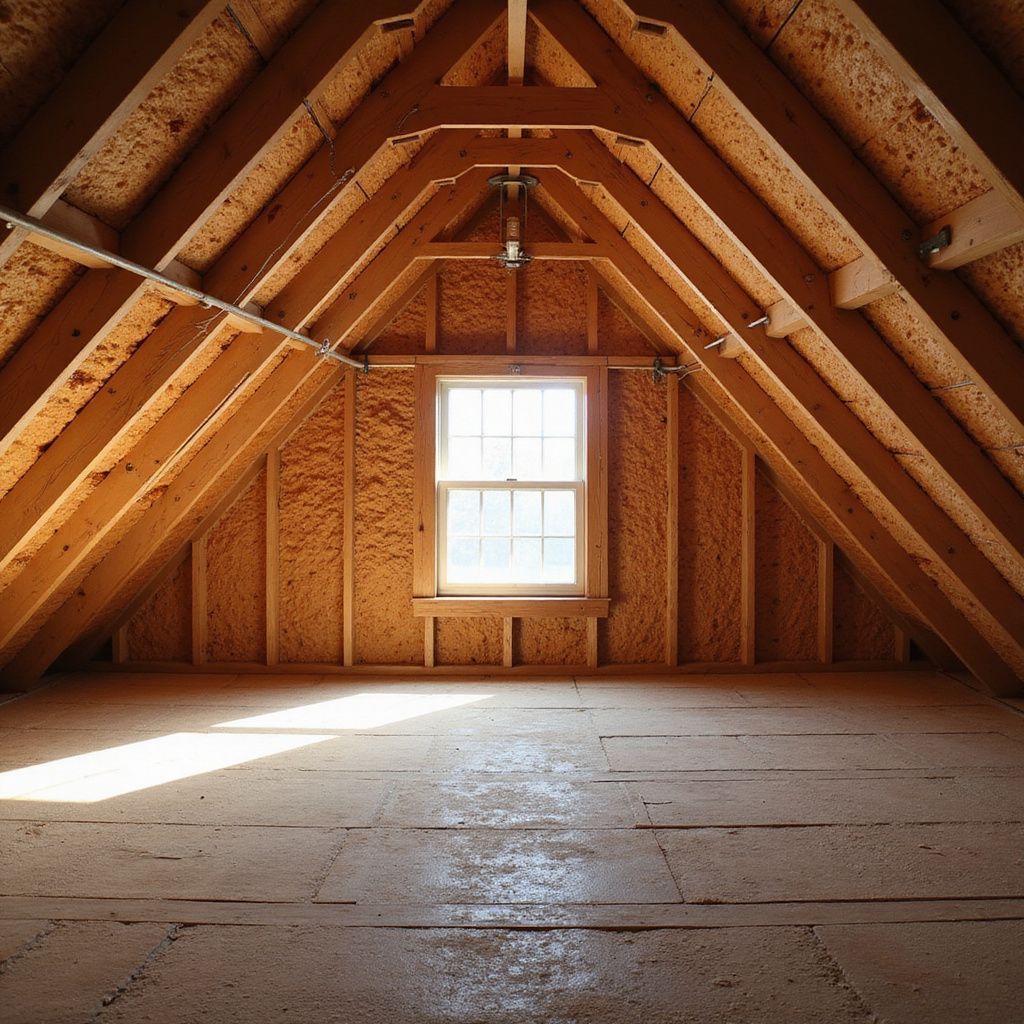 Wooden attic space with window, rafters, and unfinished floor.