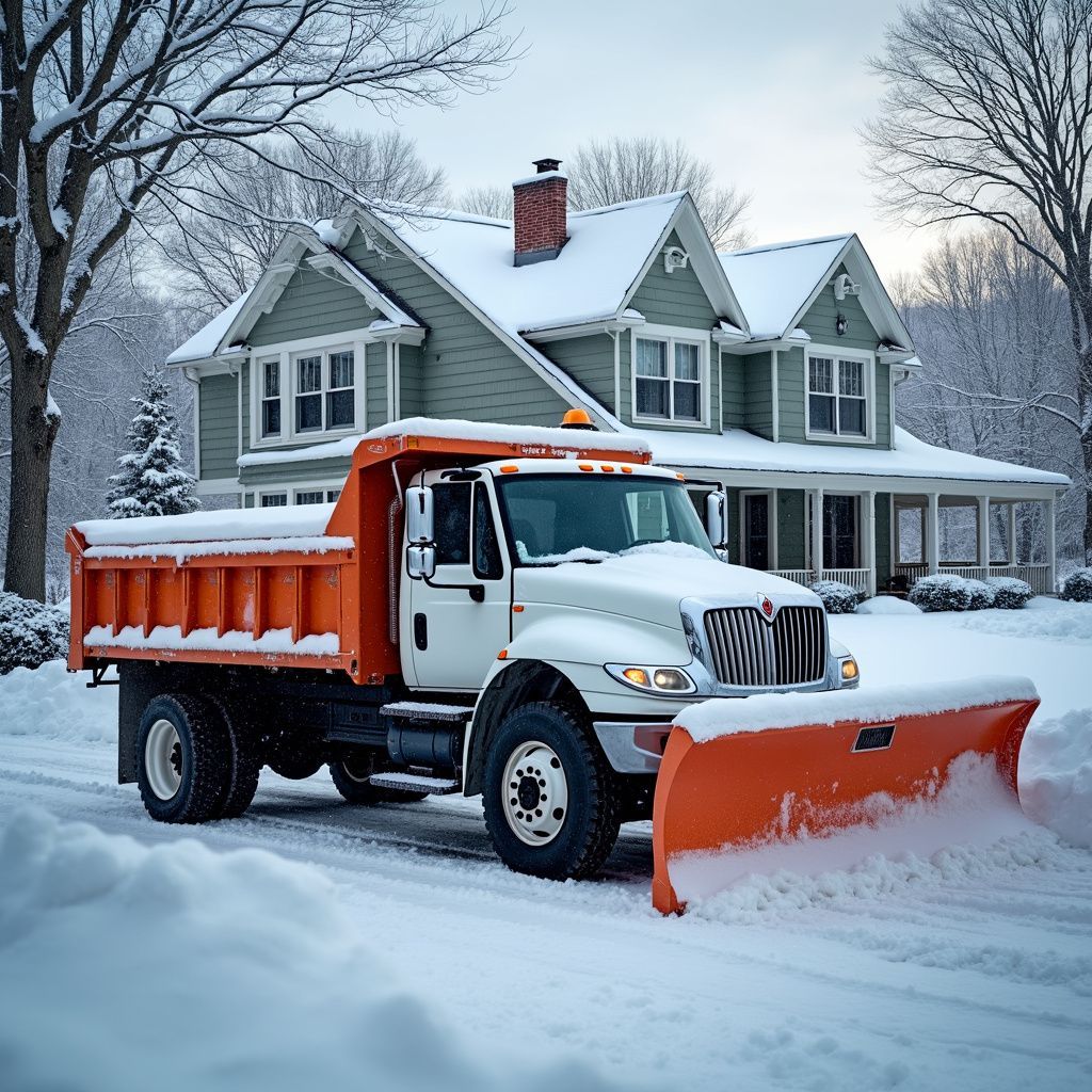 Snowplow truck clearing snow from a residential street in front of a green house.