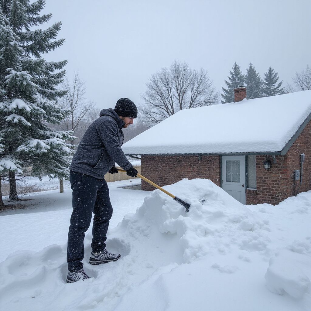 Person shoveling snow in front of a brick building on a snowy day.