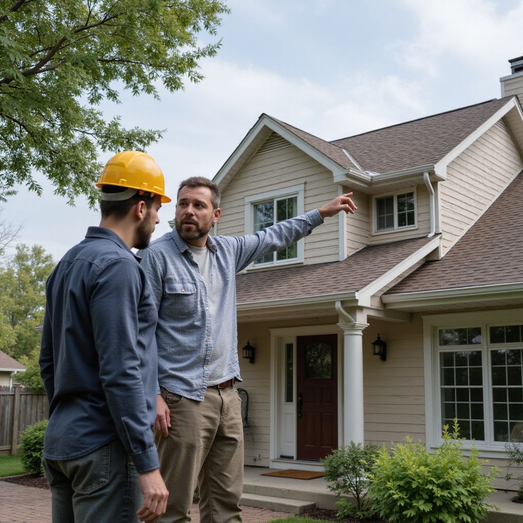 Two men standing in front of a house, one pointing. One man wears a hard hat. House has beige siding and brown roof.
