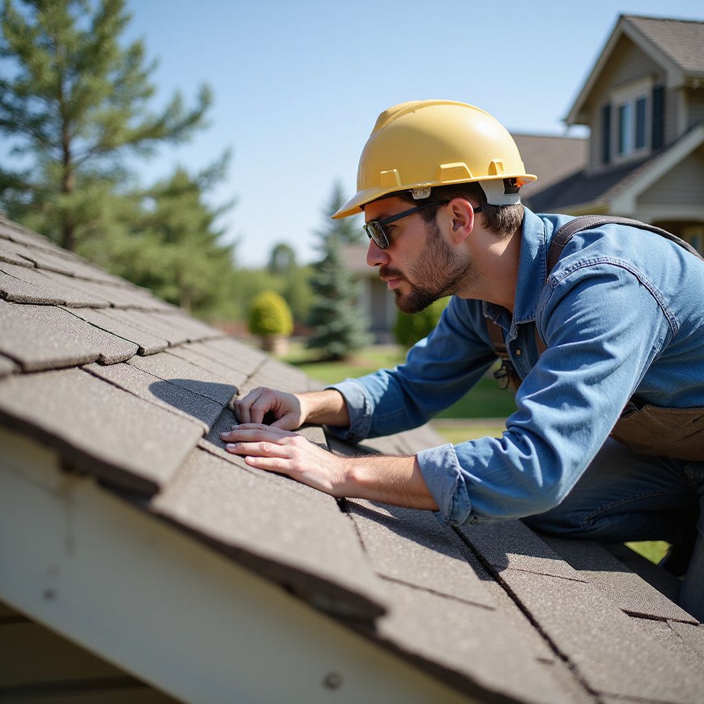 Roofer in yellow hard hat inspects shingles on a house roof on a sunny day.