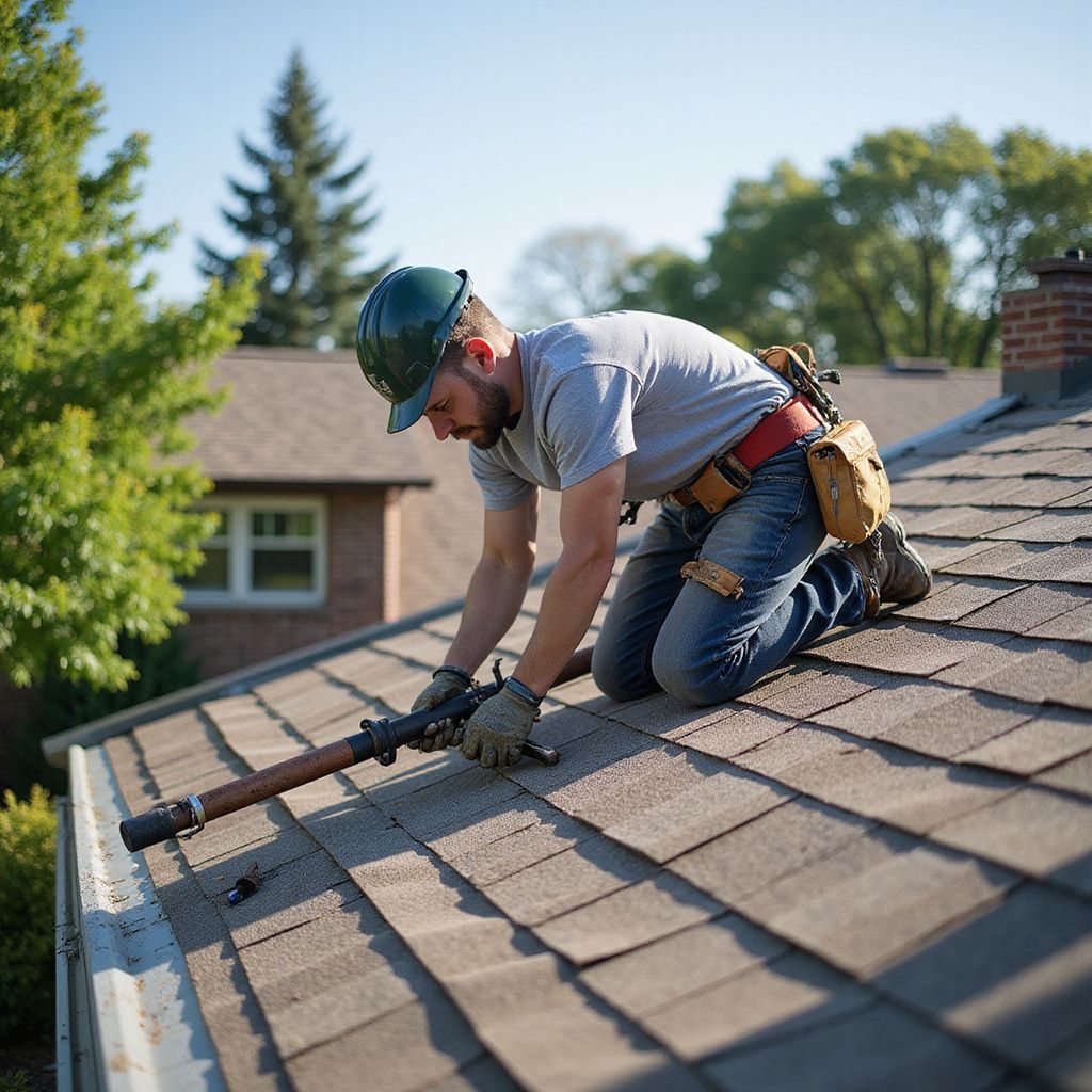Roofer kneels on a shingled roof, working on a gutter, wearing a hard hat and tool belt.