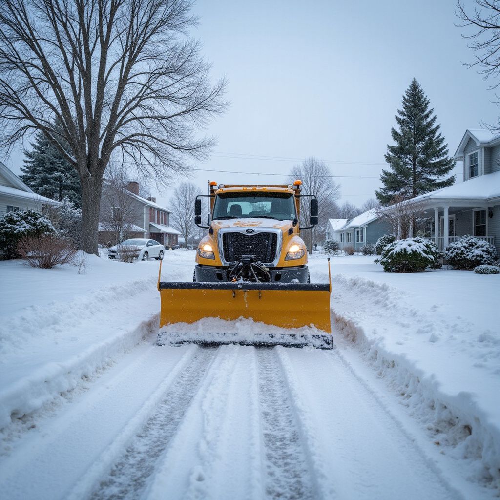 Yellow snowplow clearing a snow-covered residential street during a snowfall.