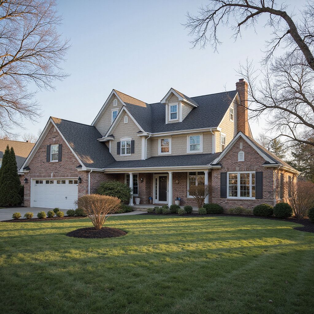 Two-story brick and beige house with a front porch, garage, and a green lawn.