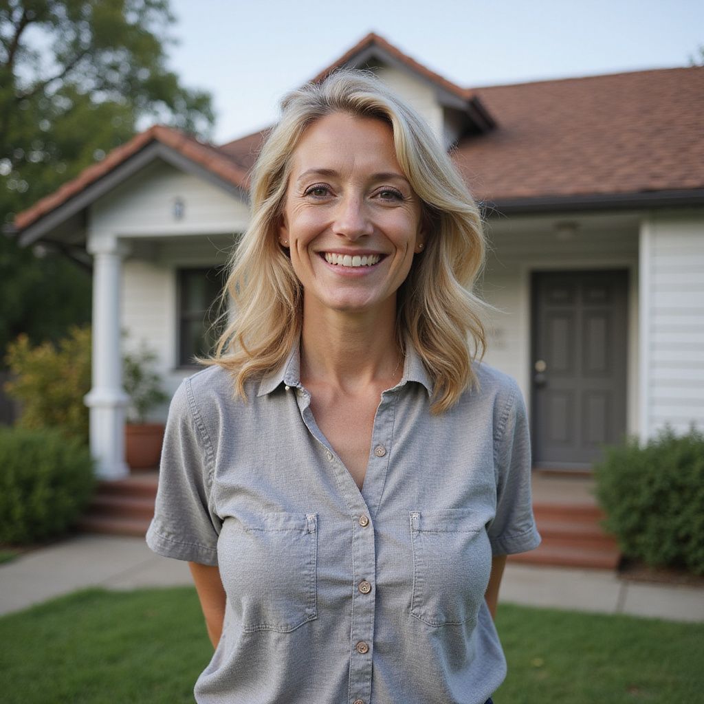 Woman smiles in front of a house, wearing a gray button-down shirt. Green lawn, trees, and blue sky.