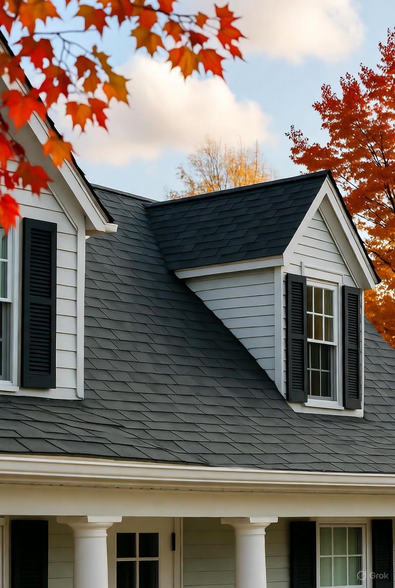House with dormers, black roof, white trim, framed by colorful autumn leaves.
