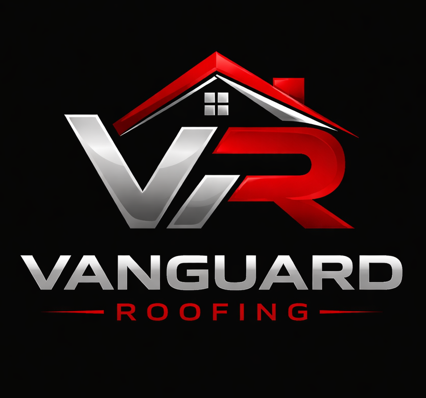 Logo for Vanguard Roofing with a house icon and the tagline