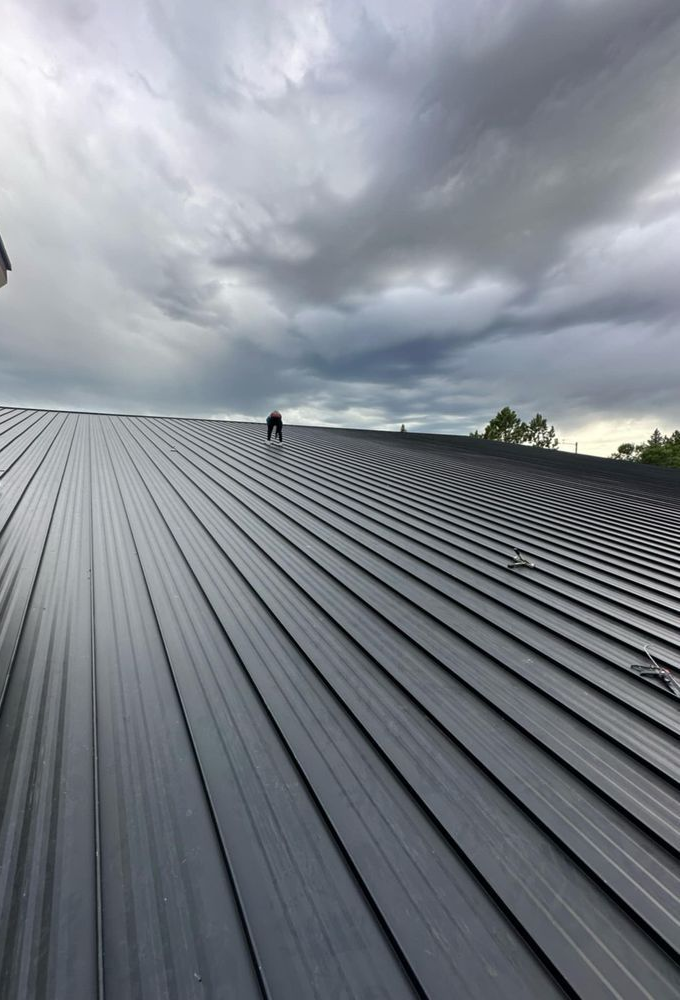 Dark metal roof with curved ridges; person standing on it under a cloudy sky.
