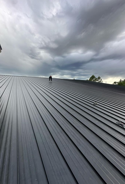 Dark metal roof with curved ridges; person standing on it under a cloudy sky.
