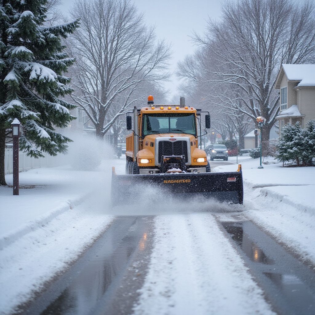 Yellow snowplow clearing snow from a residential street during a winter storm.