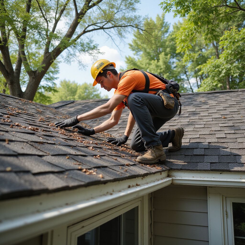 Roofer in safety gear inspecting a shingled roof, removing debris near a white gutter.