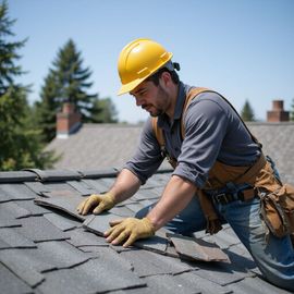 Roofer wearing a yellow hardhat and safety gloves repairing shingles on a residential roof in daylight.