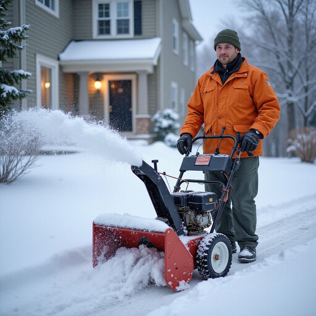 Man using a snowblower, clearing snow from a sidewalk in front of a house.