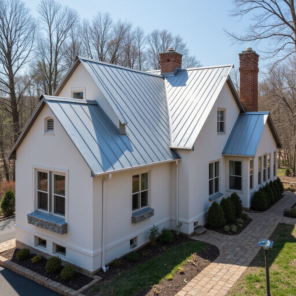 White house with a gray metal roof, brick chimneys, and a brick walkway.