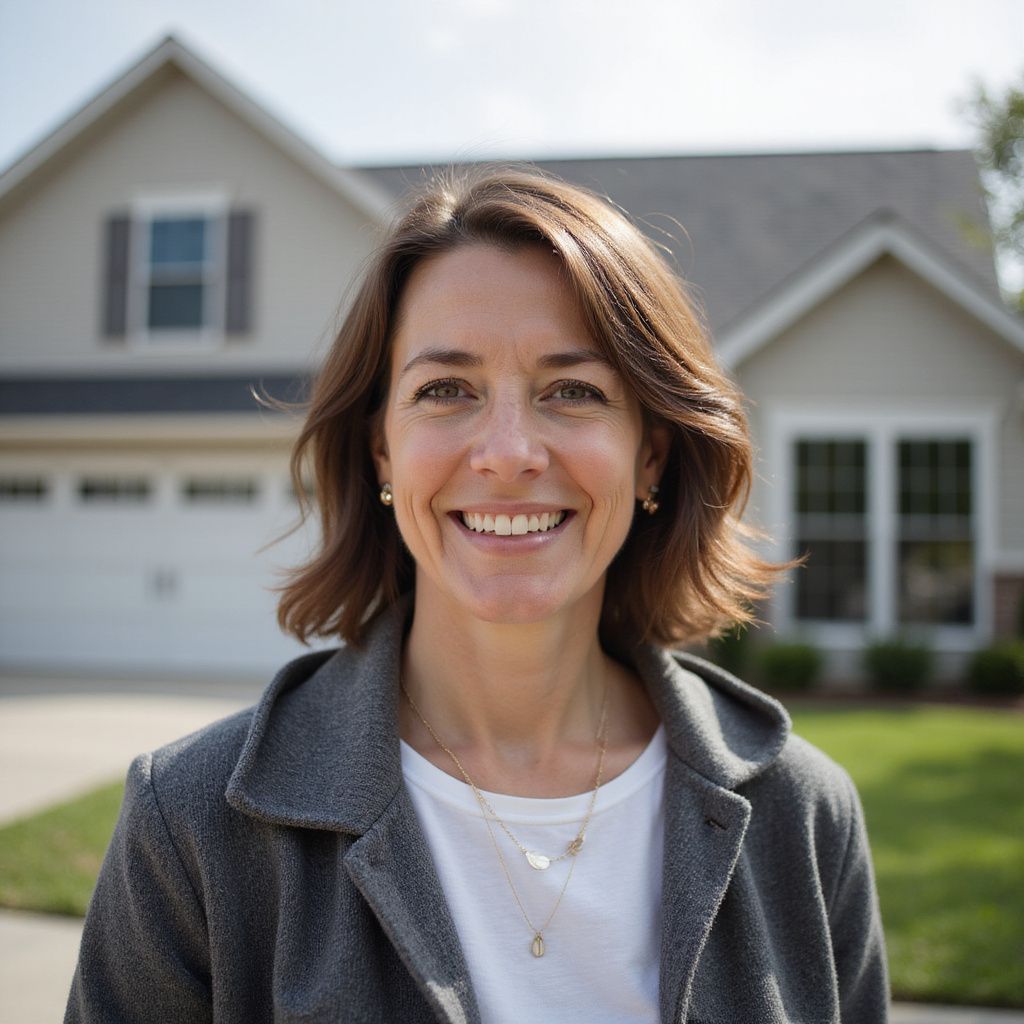 Woman smiles in front of a house, wearing a gray jacket and white shirt.