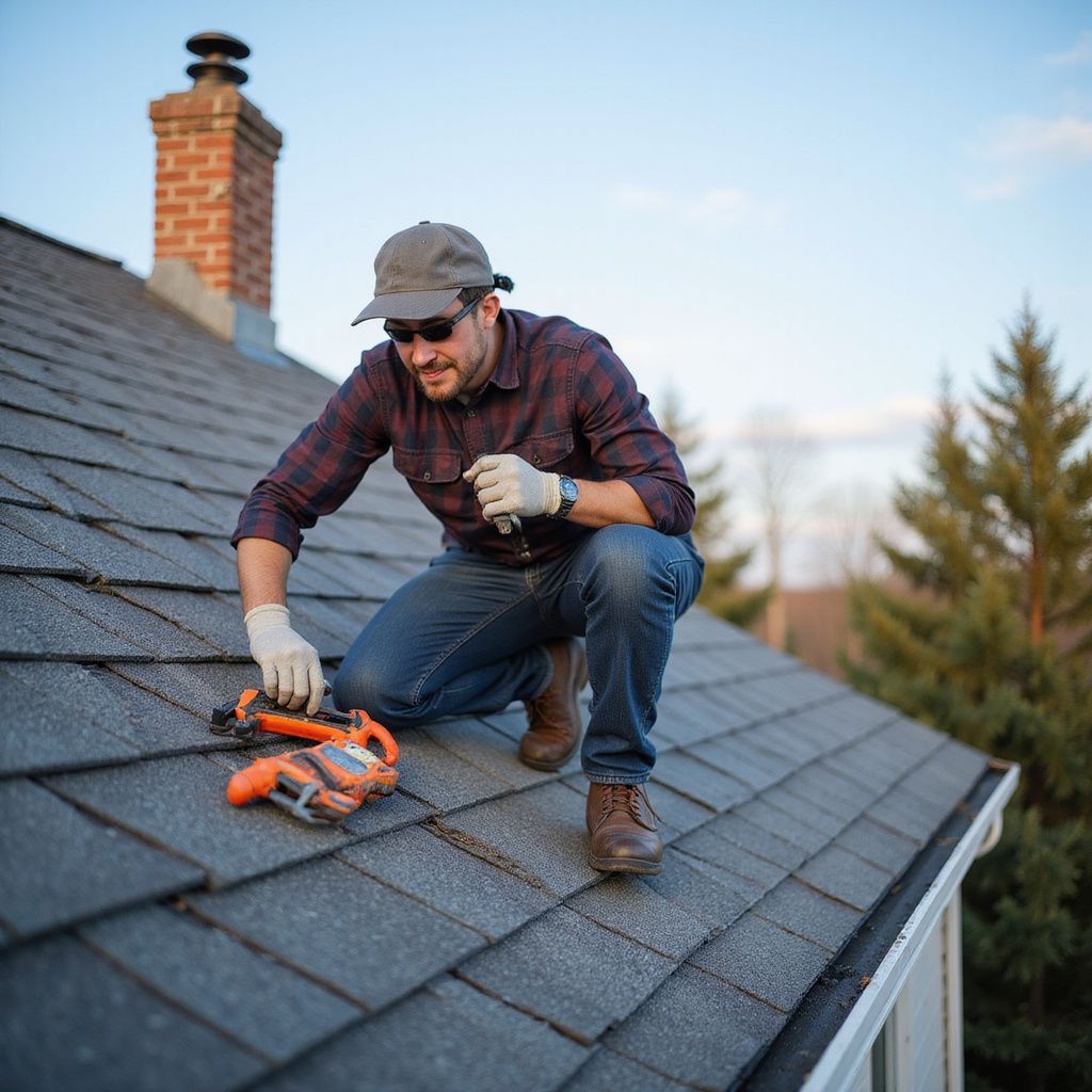 Roofer on a roof, squatting and working with tools. Wearing a cap, plaid shirt, and gloves. Sunny, outdoor setting.