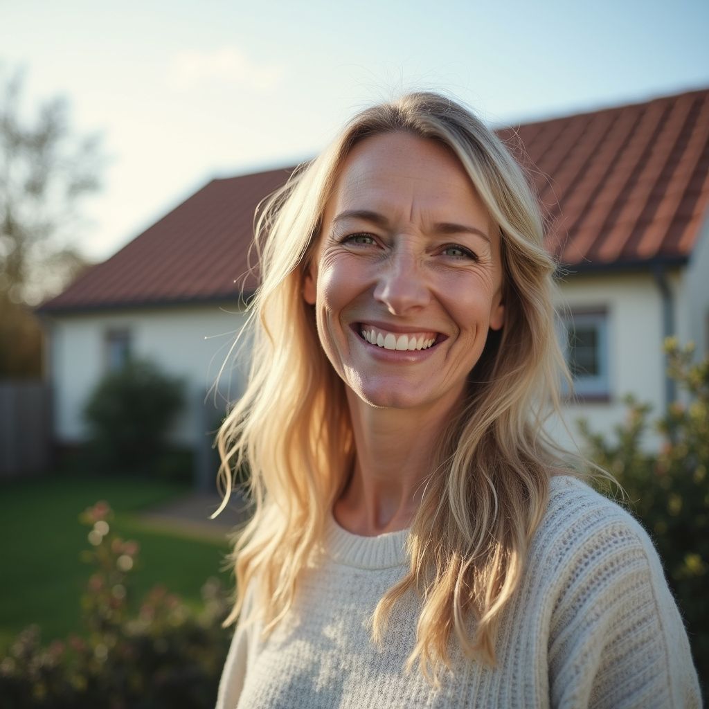 Woman with blonde hair smiling in front of a house.