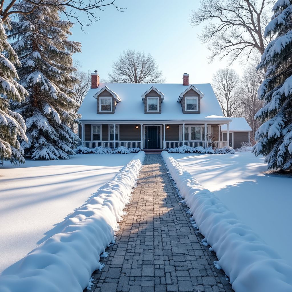 Snow-covered house with a pathway leading to the front door, flanked by evergreen trees.