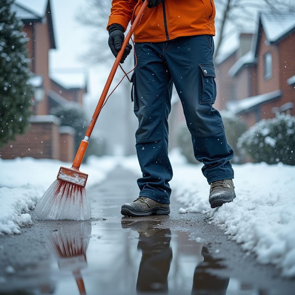 Person in orange jacket sweeps snow from sidewalk in front of houses.