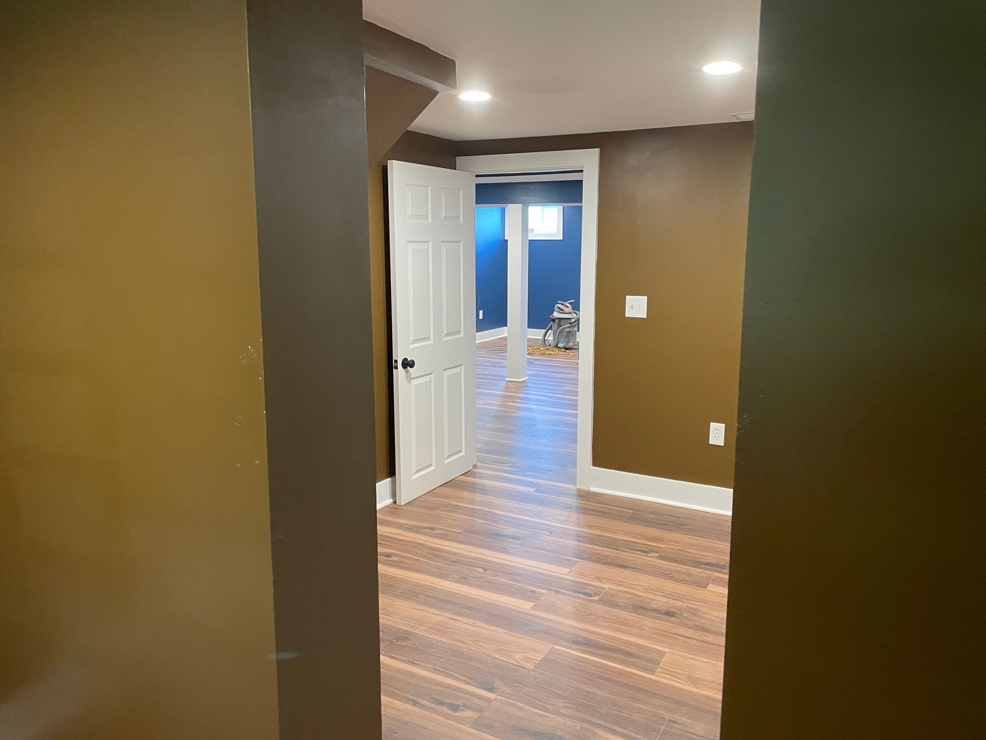 Room interior with brown walls, wooden floor, and a white door leading to another room.