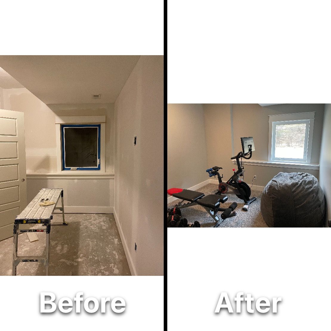 Basement room transformation: Before shows a bare room. After shows a home gym with a Peloton bike.