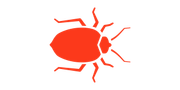 A red bug icon on a white background.