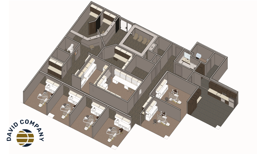 Isometric view of a dental clinic with treatment rooms and a waiting area.