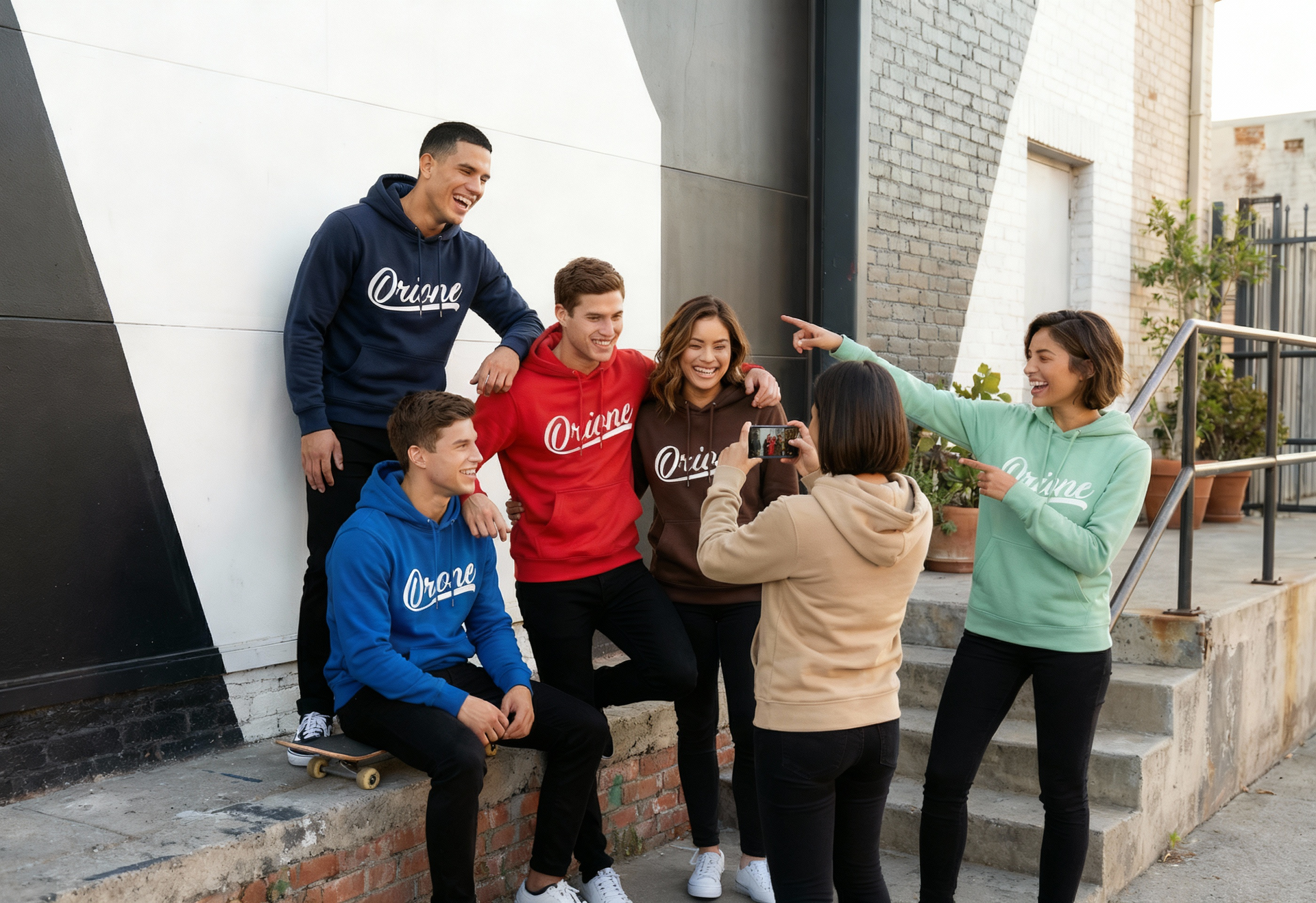 Grupo con sudaderas posando para una foto, entorno urbano al aire libre.