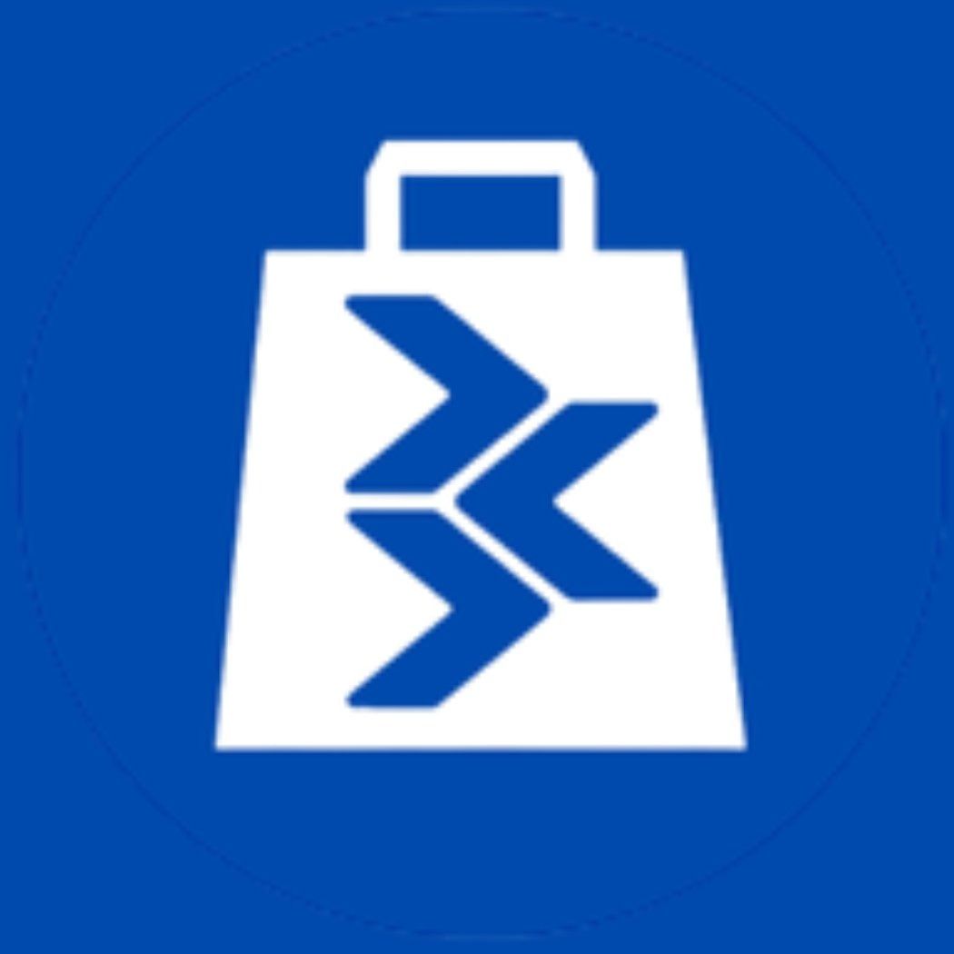 Icono de bolsa de compras blanca con patrón de flecha azul sobre fondo azul.