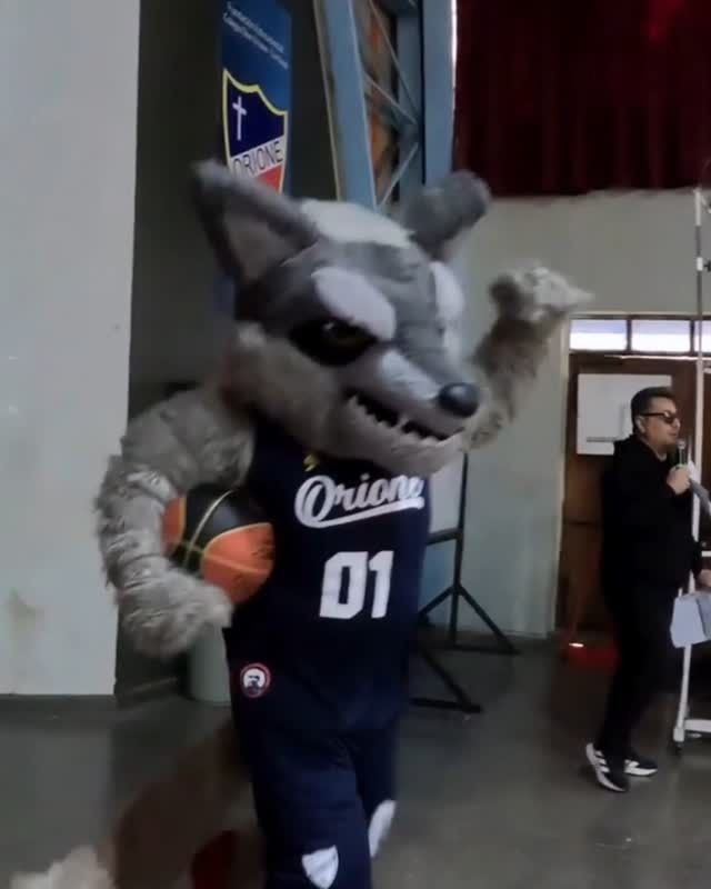 Mascota disfrazada de lobo sosteniendo una pelota de baloncesto y vistiendo una camiseta con la inscripción 