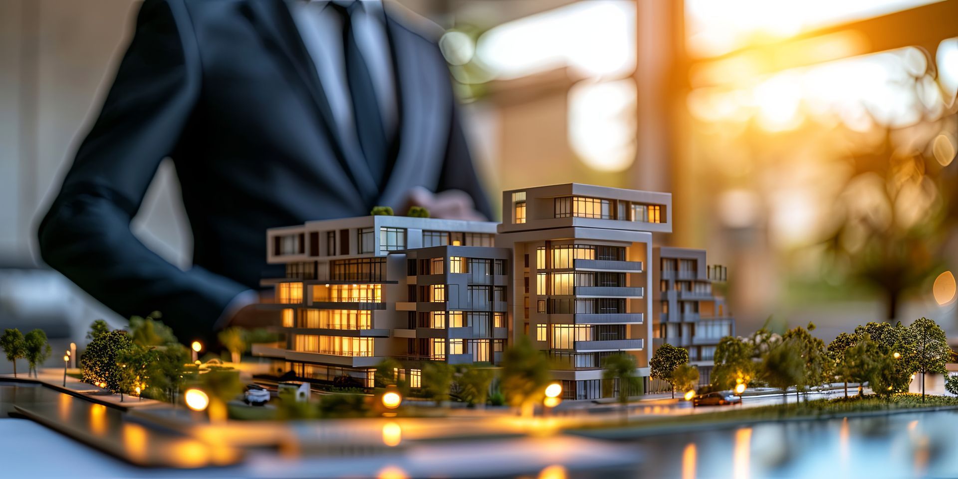 A person in a suit stands behind a detailed architectural model of a modern apartment complex.