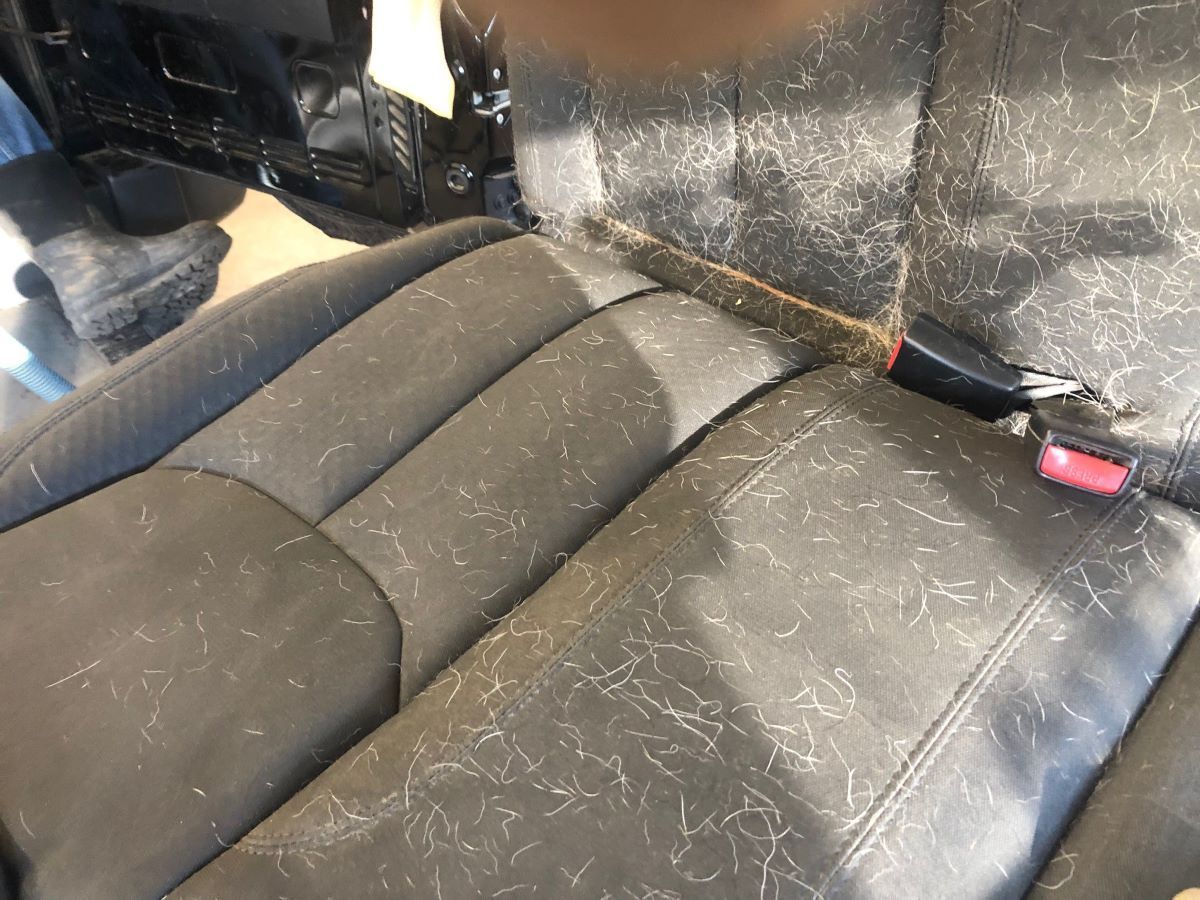A car seat with a lot of hair on it.