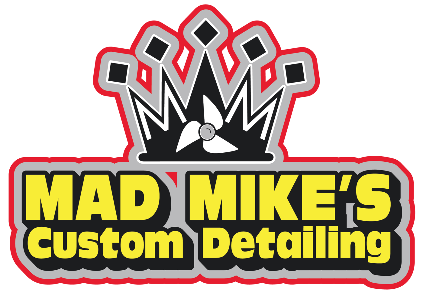 A logo for mad mike 's custom detailing with a crown