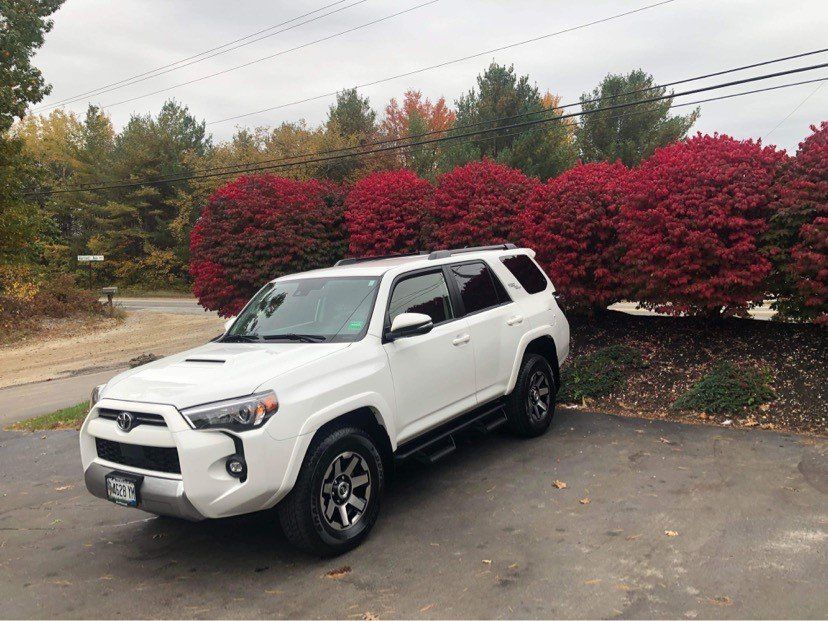 A white toyota 4runner is parked in a parking lot in front of red bushes.
