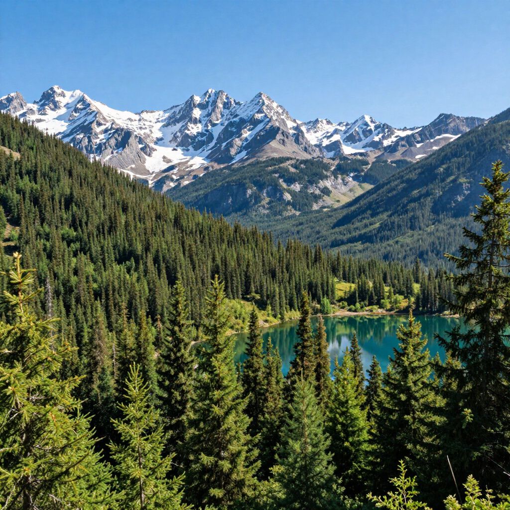 Turquoise lake nestled in a dense pine forest, framed by jagged, snow-capped mountains under a clear blue sky.