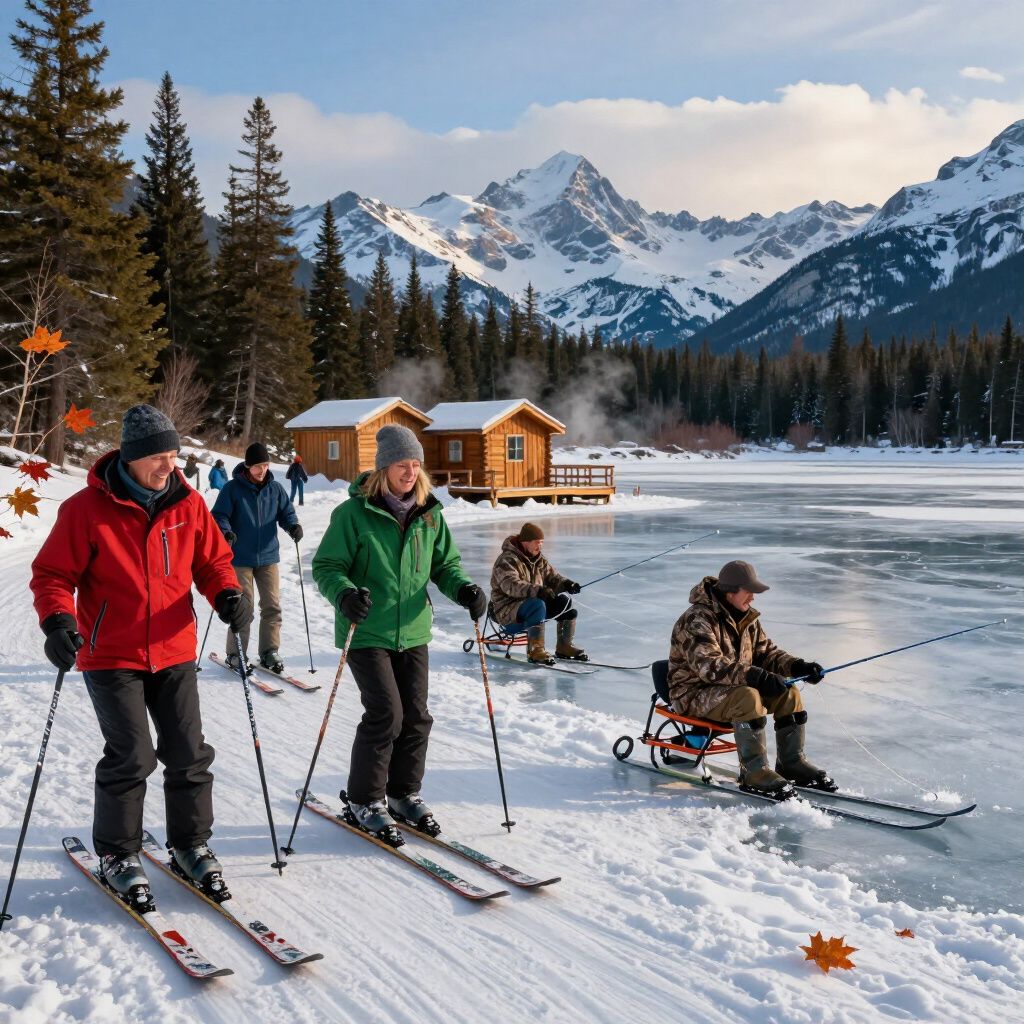 People ski and ice fish on a frozen, snowy lake before mountain cabins and snow-capped peaks.