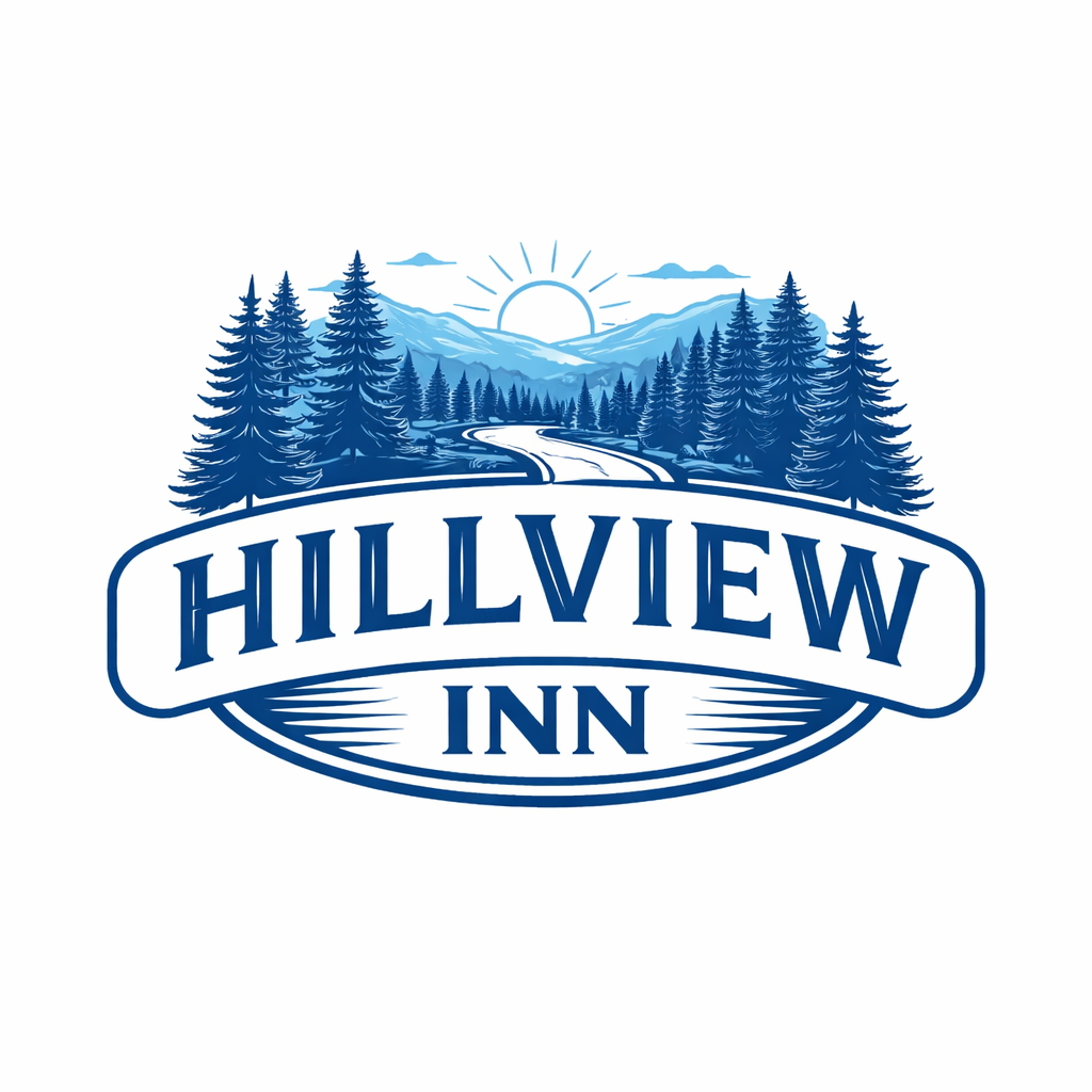 A blue logo with a forest, mountains, and sun behind a road, featuring the text 