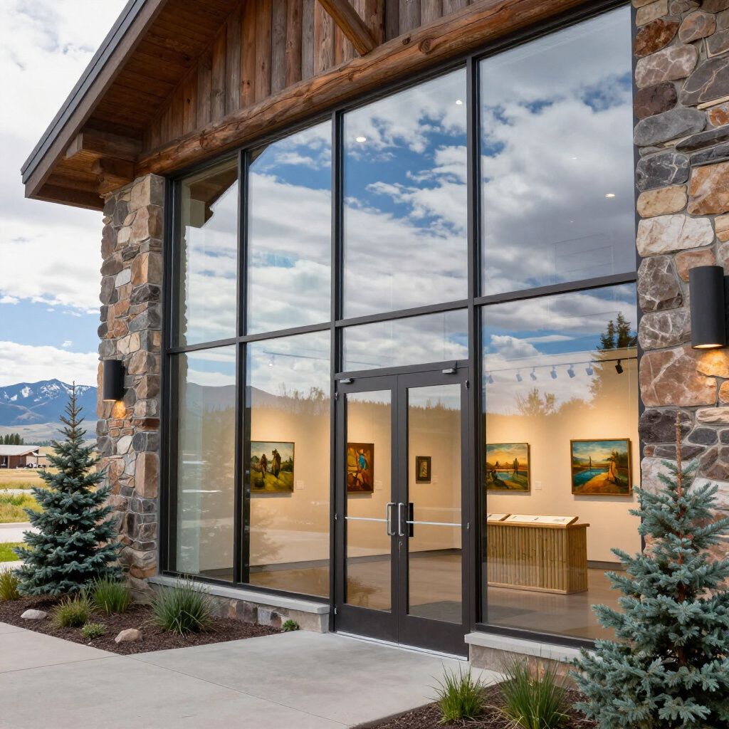 A stone and wood building entrance features floor-to-ceiling glass walls, double glass doors, and interior art displays.