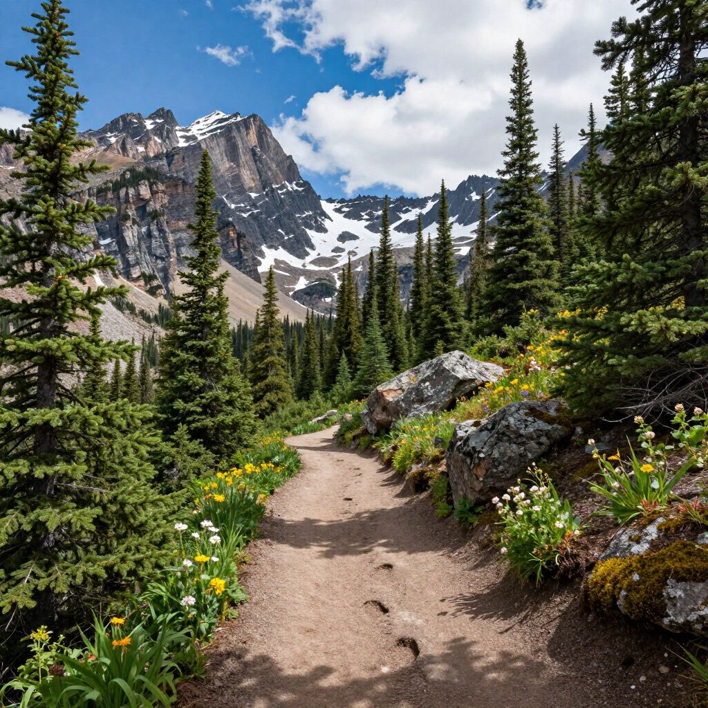 A dirt hiking trail leads toward snow-capped mountains, framed by tall pine trees and vibrant yellow and white wildflowers.