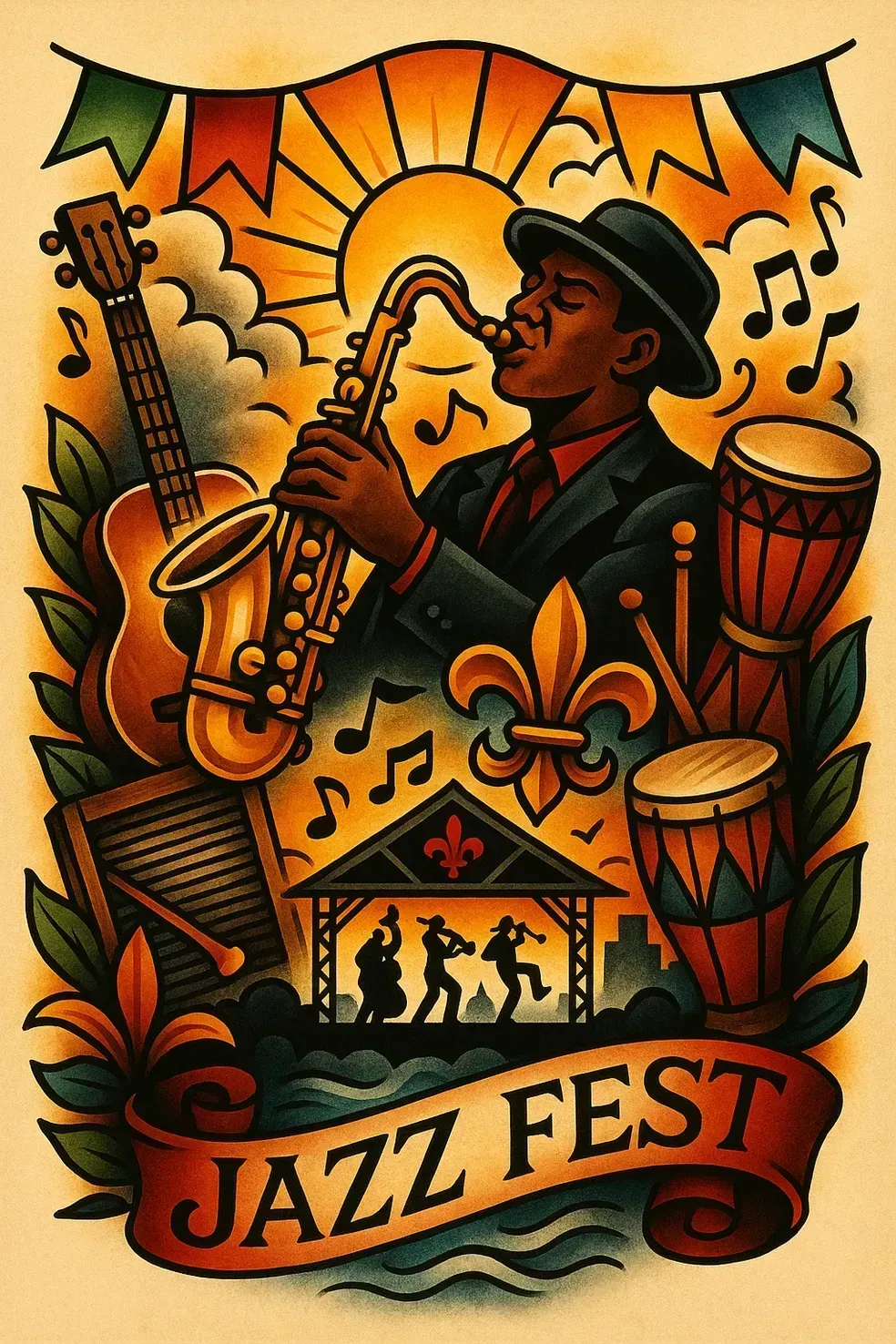 Jazz Fest poster with a musician playing saxophone. Sun, drums, guitar, fleur-de-lis, and banner with "Jazz Fest."