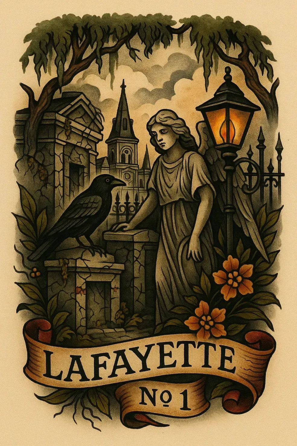 Lafayette Cemetery No. 1 art: An angel, raven, lamppost, and flowers in a cemetery scene, with a banner that reads "Lafayette No. 1."