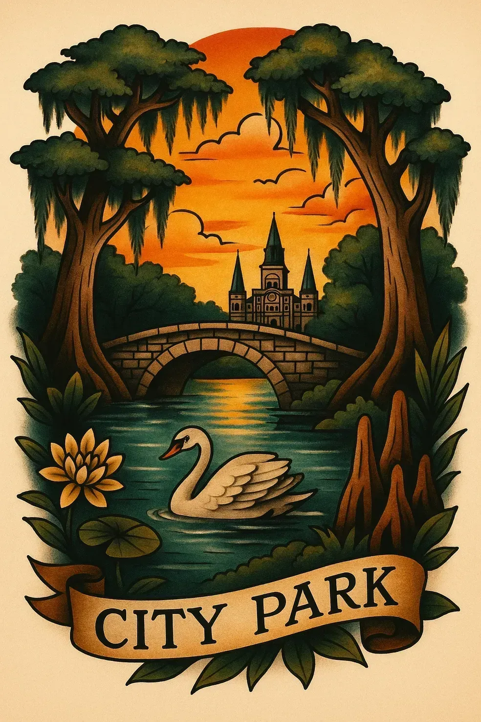 Swan swims on a lake at City Park, New Orleans, with a bridge, trees, and a sunset in the background.