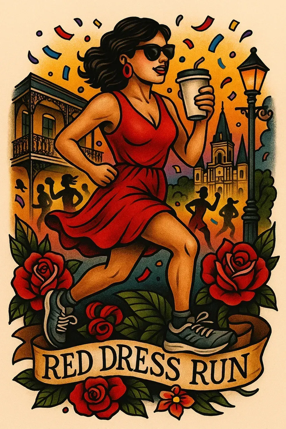 Woman in red dress running with coffee, Red Dress Run, New Orleans, roses, confetti.