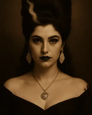 Woman dressed as Bride of Frankenstein with dark makeup and bouffant hair.