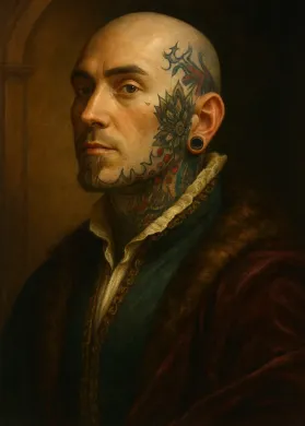 Man with tattooed head and neck in Renaissance clothing, looking forward.