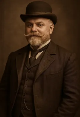 Man in bowler hat, suit, and mustache, looking at the viewer. Sepia tone portrait.