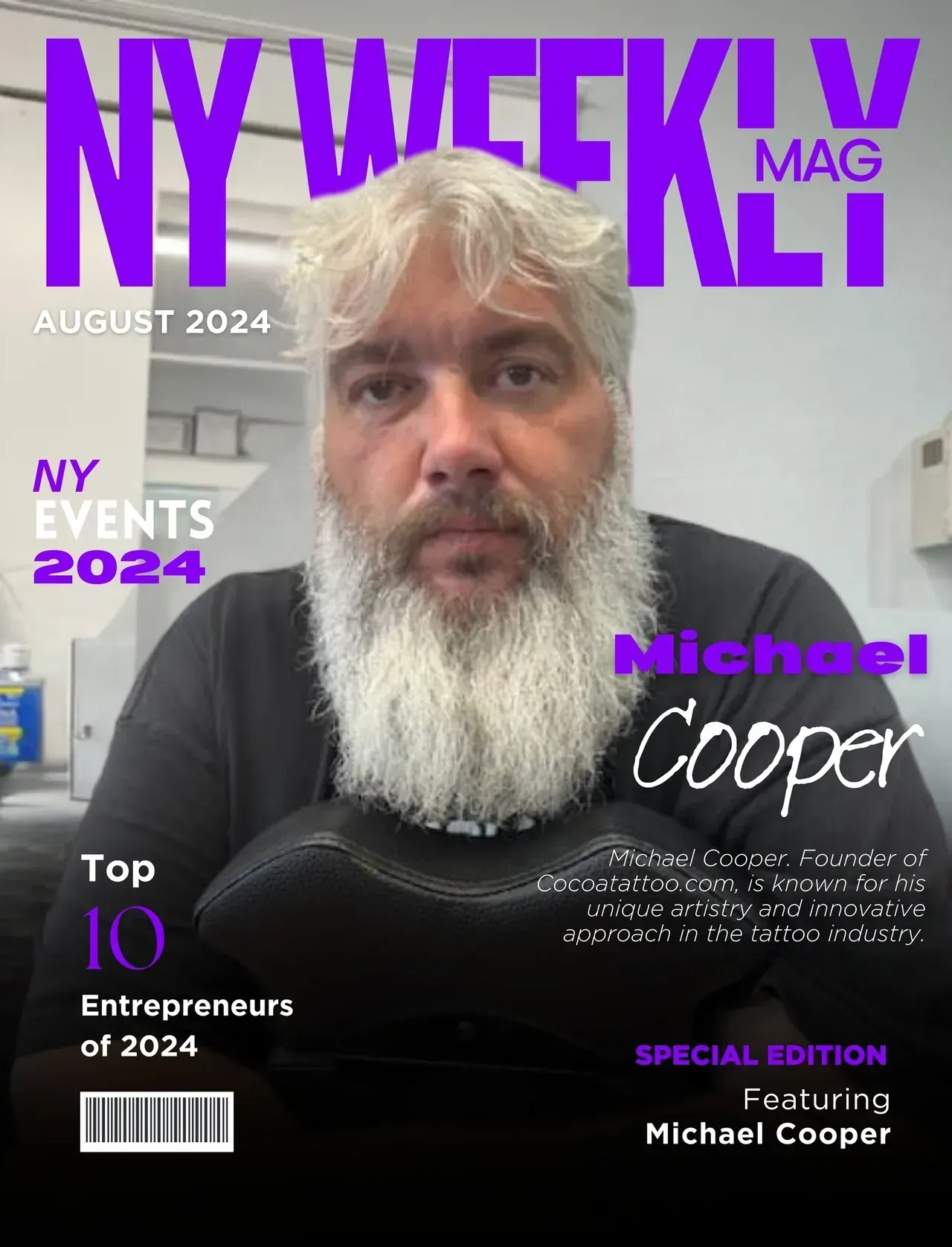 Magazine cover featuring Michael Cooper with white hair and beard, with headlines "NY WEEKLY MAG" and "NY EVENTS 2024."