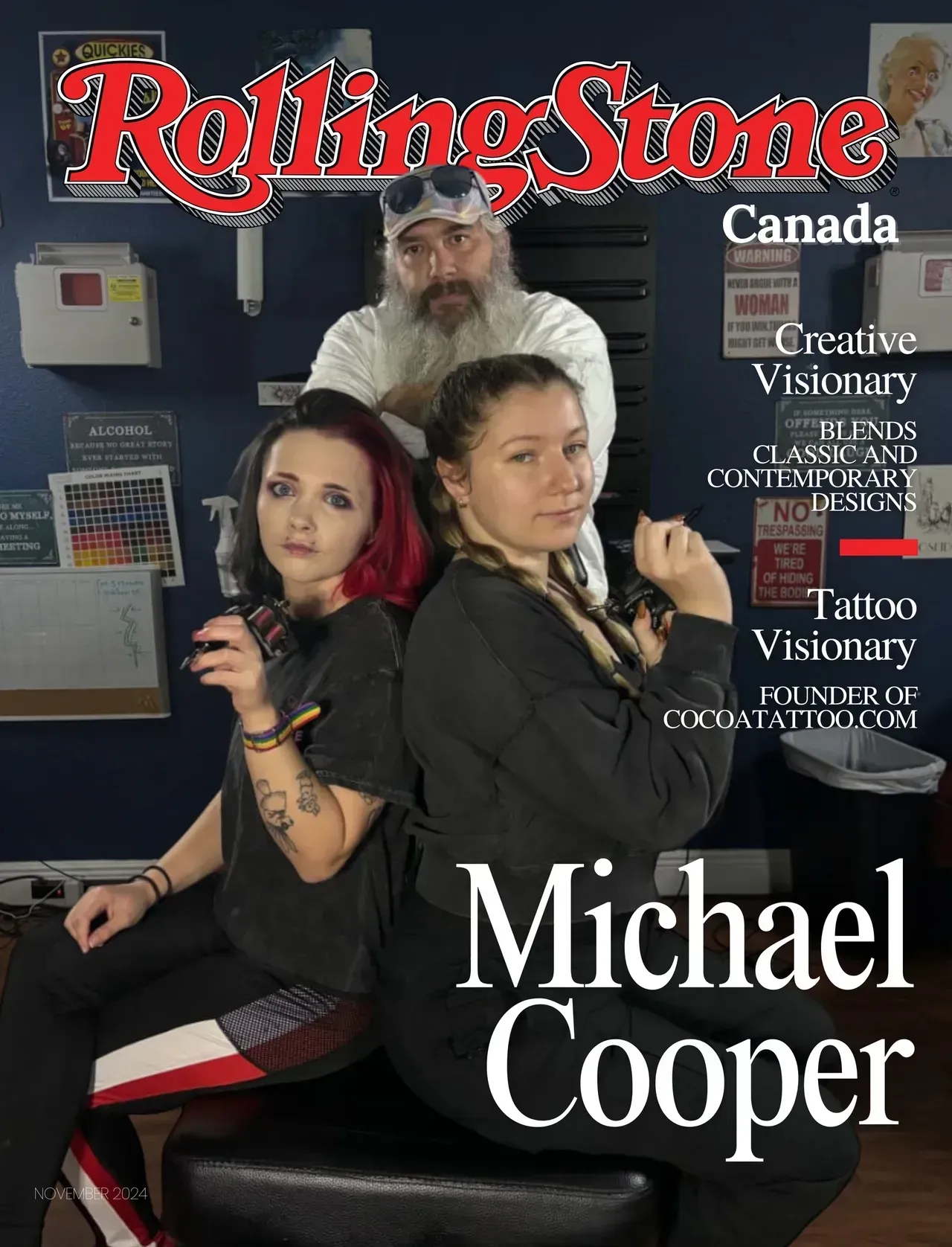 Rolling Stone Canada cover featuring Michael Cooper, with two women and a man in a tattoo studio setting.